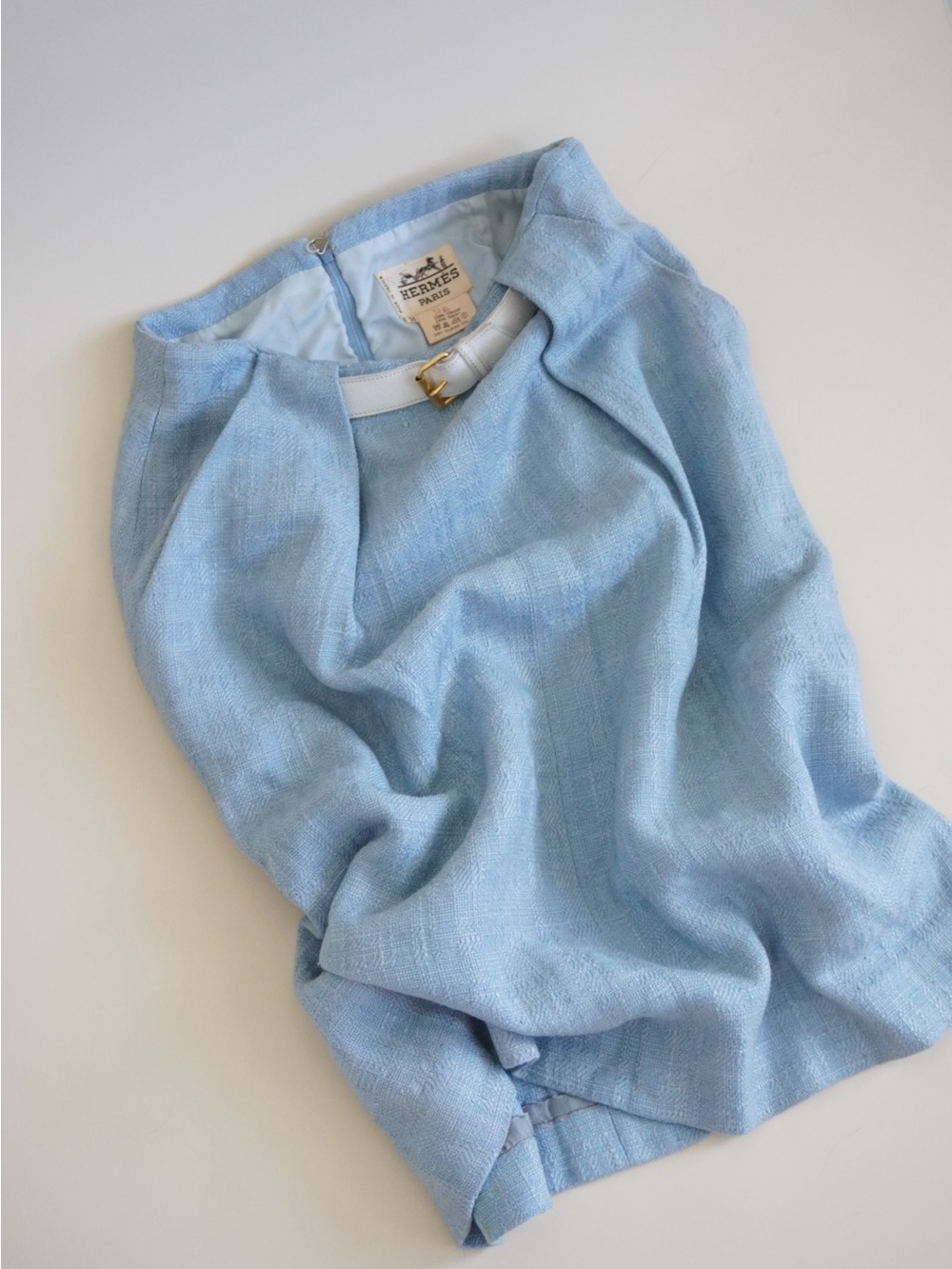 Hermes 70's VTG Baby Blue Buckle Pencil Woven Skirt - Size 36